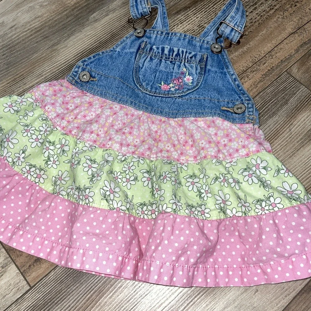 OshKosh B'gosh‎ Girls 18 Month's Denim Bib Overall Dress Ruffled Floral Cotton